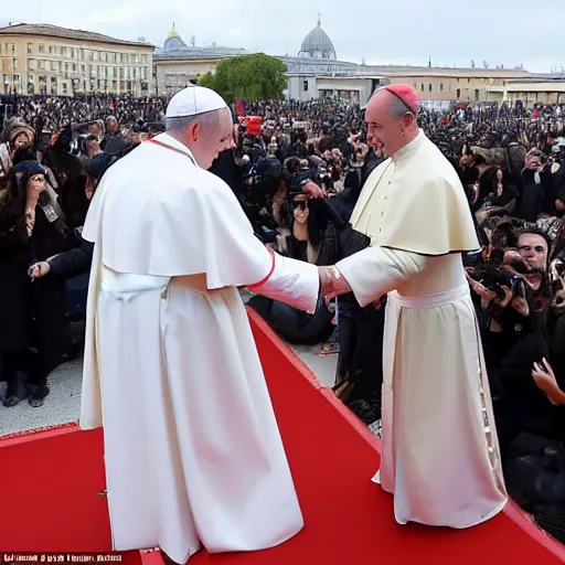 Image similar to A new pope is elected and it is Ana de Armas. She wears the Pope dress and greet the faithful in Piazza San Pietro from the Popemobile