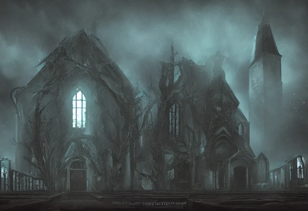 Prompt: cthulhu church, midnight mass, lovecraftian, eldritch, x photorealistic, film, cinematic lighting, octane render, volumetric light, dark - art