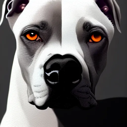 Image similar to photo of a skinny dark gray coat pit bull with a white paws and a white nose! painting, beautiful eyes!, pretty face!!, trending on artstation symmetry, concept art, sharp focus, illustration, art by! ilya kuvshinov!!, octane render