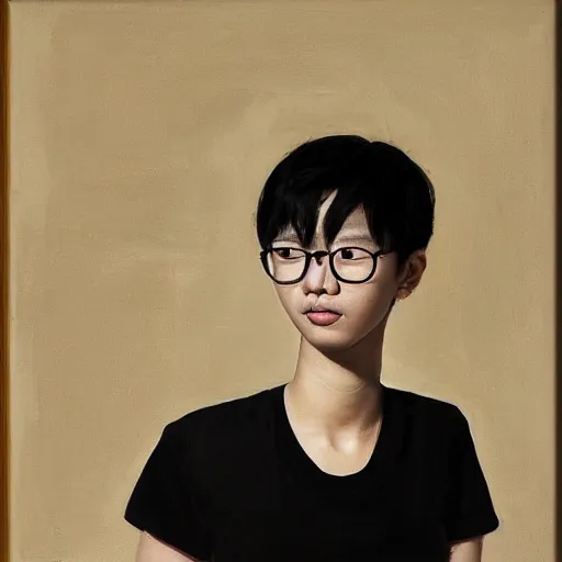 Prompt: portrait of a korean trans girl with very short black hair bleached at the tips, bedhead, wearing glasses, wearing a black t-shirt, oil on canvas, elegant pose, masterpiece, Jonathan Yeo painting