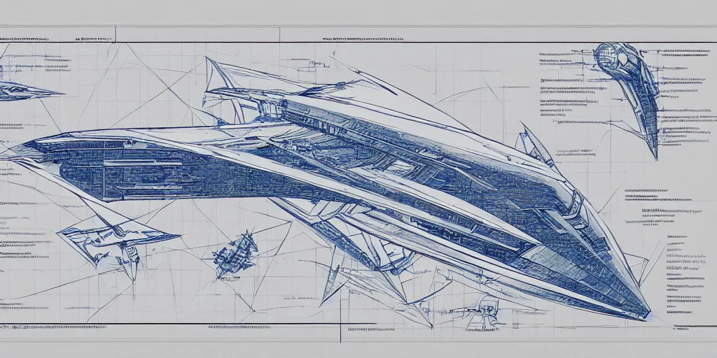 Image similar to blueprint for a sentient starship, technical drawing with annotations and notes in the margins, algorithms and physics equations, concept design by peter mohrbacher and craig mullins and hiroshi yoshida and james jean and frank frazetta and michael whelan and andreas rocha