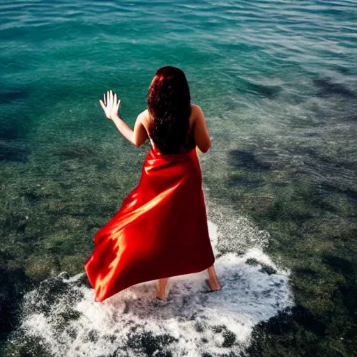 Image similar to woman with waving long hair, satin red dress, waist deep in the ocean, back view, first person view