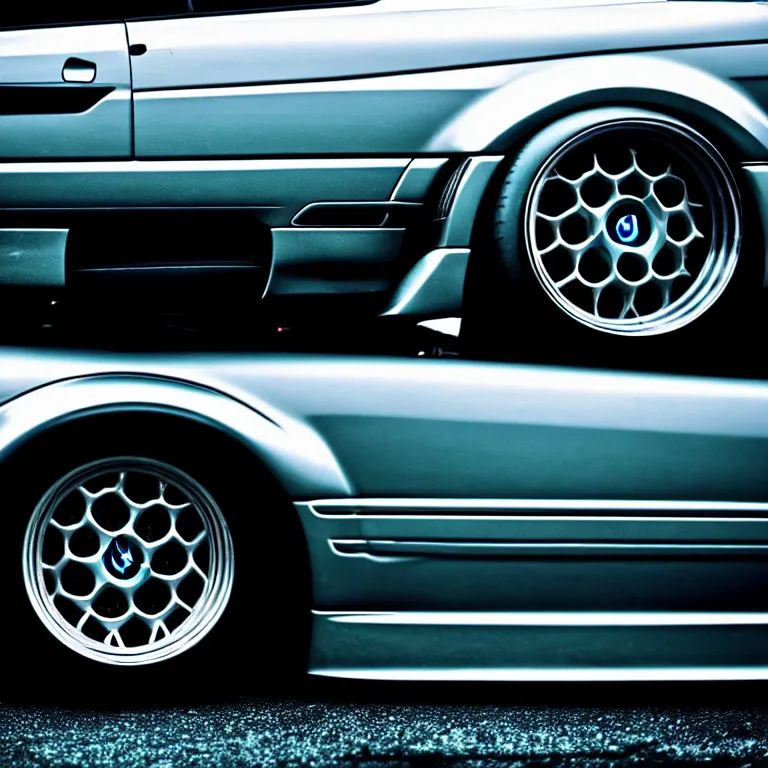 Prompt: close-up-photo BMW E36 illegal meet, cambered wheels, Saitama prefecture, misty midnight, cinematic color, photorealistic, high detailed wheels, highly detailed, custom headlights, subtle neon underlighting