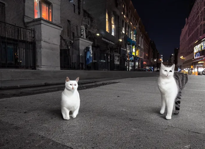 Image similar to photography of a Cat being carried in an half open backpack . in a new york street. award winning photo, led lighting, night, 130mm, sharp, high res