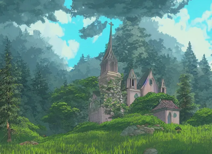 Prompt: view of a catholic church on a forested mountain, in the style of studio ghibli, distant, detailed, artstation, award winning painting,