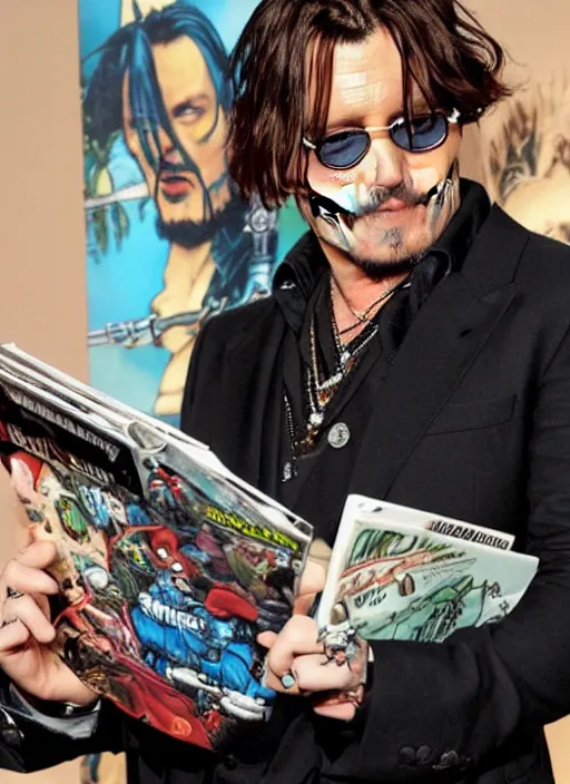 Image similar to johnny depp reading a comic book about a robot from