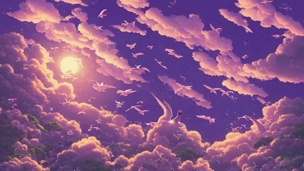 Prompt: highly detailed illustration a purple duck flying lots of high exposure cat - shaped clouds by makoto shinkai, by oliver vernon, by joseph moncada, by damon soule, by manabu ikeda, by kyle hotz, by dan mumford, by otomo, 4 k resolution