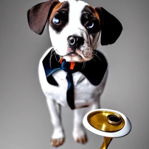 Prompt: puppy wearing a monocle and a top hat