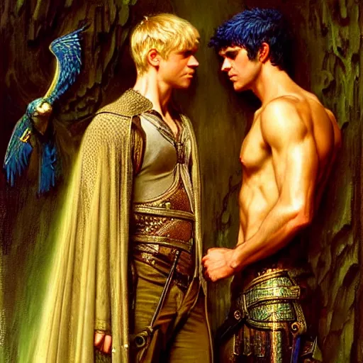 Image similar to stunning arthur pendragon in love with stunning male merlin the mage. they are close to each other, touching, looking. highly detailed painting by gaston bussiere, craig mullins, j. c. leyendecker