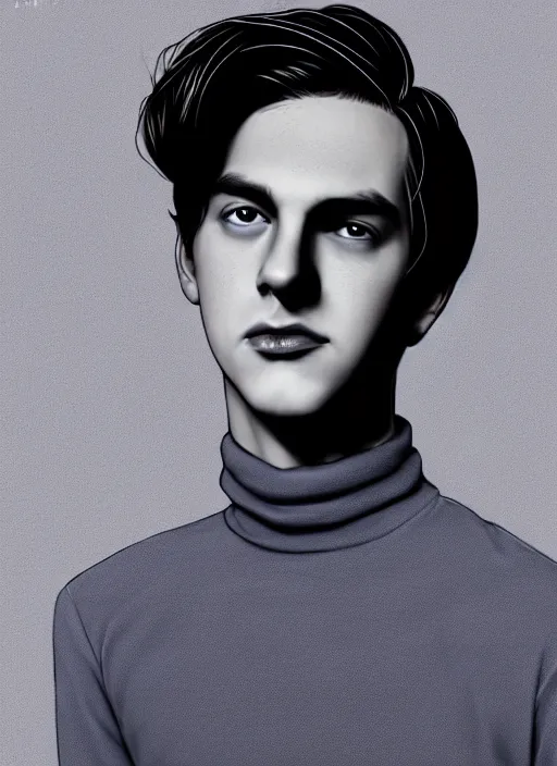 Image similar to portrait of teenage jughead jones wearing a light grey crown, crown, blue turtleneck, 1 9 5 0 s, closed eyes, photorealistic, black hair, glowing lighting, intricate, elegant, glowing lights, highly detailed, digital painting, artstation, concept art, smooth, sharp focus, illustration, art by wlop, mars ravelo and greg rutkowski