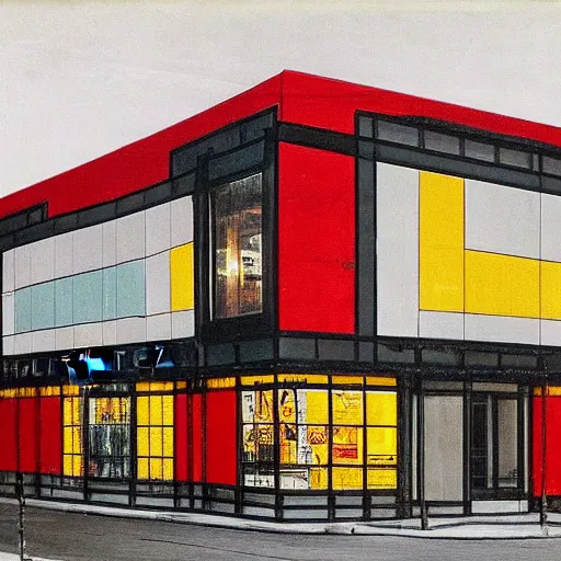 Image similar to waffle house store but the sign says awful waffle by piet mondrian, damien hirst, marcel duchamp, architecture design, detailed