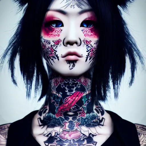 Image similar to japanese gothic model with maximalist hair style and kanji tattoos, dark colors, fashion model, portrait shot, depth of field, 8 k, hyper detailed, intricate, trending on artstation