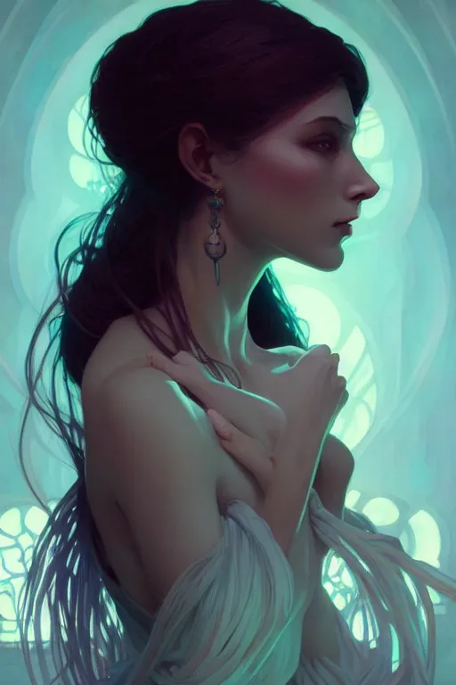 Image similar to a beautiful necromancer woman, fantasy, portrait, sharp focus, intricate, elegant, digital painting, artstation, matte, highly detailed, concept art, illustration, ambient lighting, art by ilya kuvshinov, artgerm, Alphonse mucha, and Greg Rutkowski