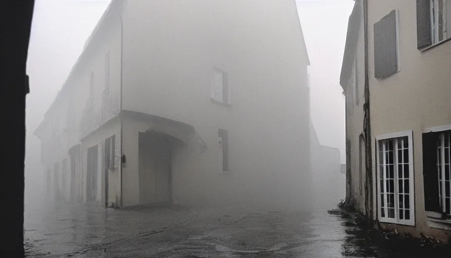 Image similar to 1 9 7 0 s movie still of a heavy burning french style townhouse in a small french village by night rain fog, cinestill 8 0 0 t 3 5 mm, heavy grain, high quality, high detail, dramatic light, anamorphic, flares