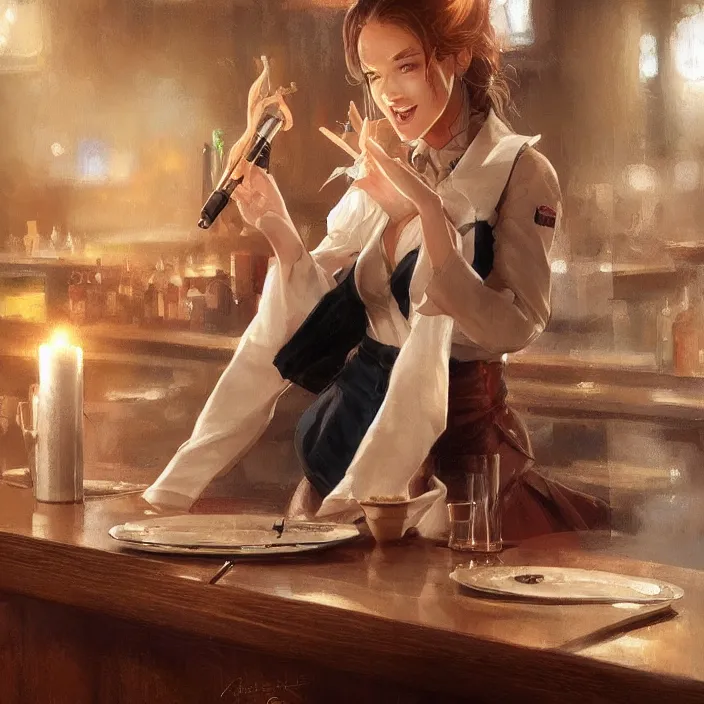 Image similar to a waitress singing on a table in a bar, elegant, real life skin, intricate artwork, high detailed, artstation, concept art, smooth, sharp focus, art by artgerm and greg rutkowski