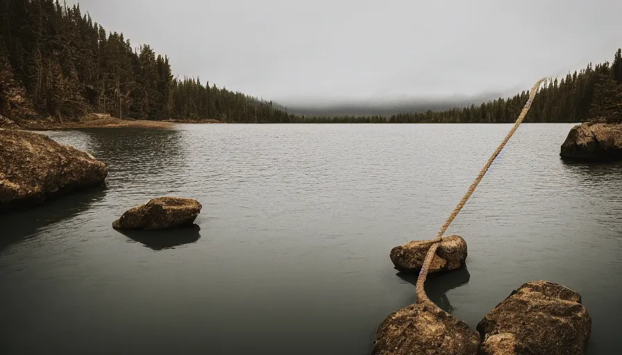 Image similar to photo of a rope on the surface of water, in the middle of a lake, overcast day, rocky foreground, 2 4 mm leica anamorphic lens, moody scene, stunning composition, hyper detailed, color kodak film stock