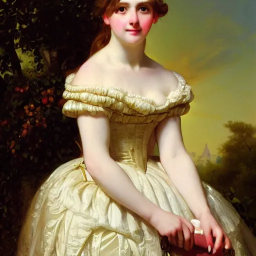 Image similar to portrait of a german teenage princess, circa 1 8 5 0 by franz xaver winterhalter, highly detailed, beautiful, oil on canvas, 1 8 5 0 s, romanticism