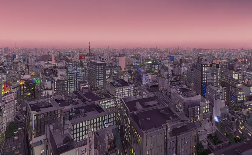 Image similar to unreal engine render of tokyo city from a rooftop view, sunset lighting, hyper realism, realistic shading, cinematic composition, blender render, octane render, hdr, detailed textures, photorealistic, ultrawide shot, 1 6 mm lens