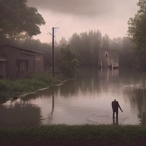 Image similar to realistic extremely detailed photo real portrait of a flood, dusk, elegant, moody muted colors, gregory crewdson, leibovitz, octane render, 4 k