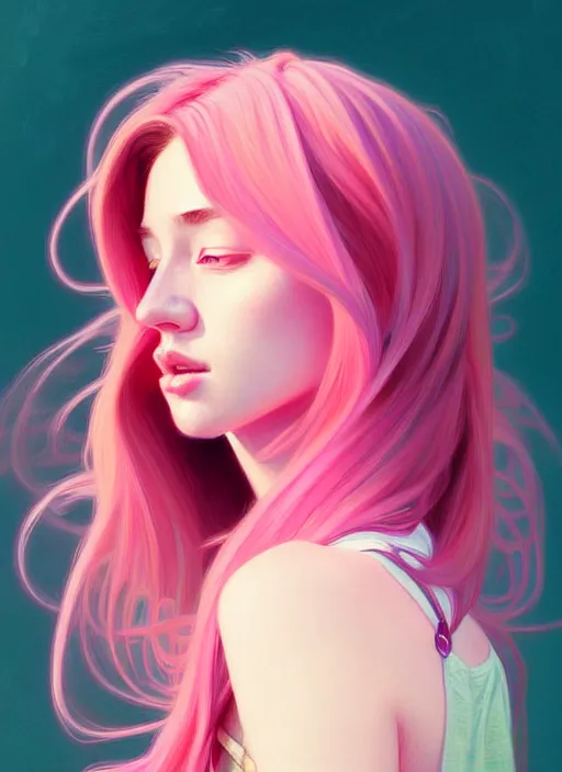 Image similar to handsome young women with shoulder length pink hair, half body shot, path traced, highly detailed, high quality, digital painting, alena aenami, lilia alvarado, shinji aramaki, karol bak, alphonse mucha, tom bagshaw