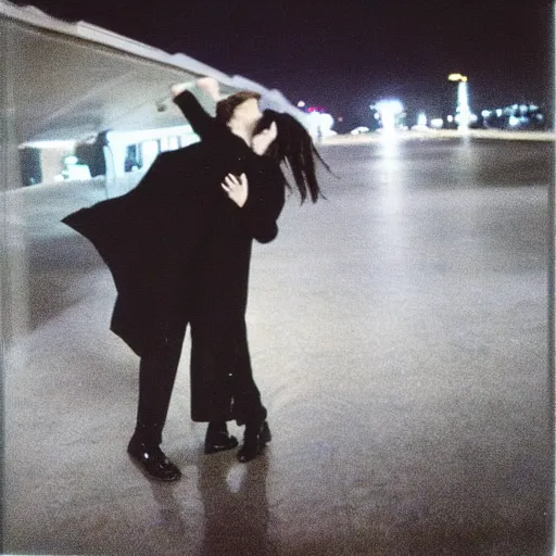 Image similar to 9 0 s polaroid photograph of a man and woman both wearing trenchcoats at night, dancing together on a beach during cloudy weather, vignette