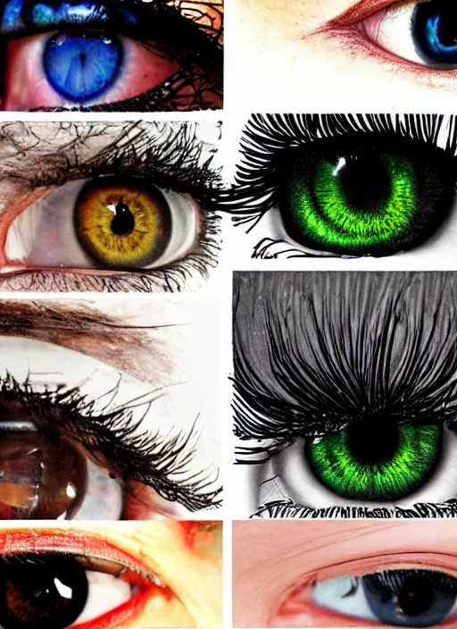 Image similar to grid montage of eyes, square dilated pupils, swuare irises, detailed colored textures, eyelashes, advanced art, art styles mix, from wikipedia, wet reflections in eyes, sunshine light, hd macro photograph, from side, various eyelid positions, square black pupil centered