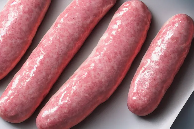 Image similar to cream filled and pink frosted uncooked sausages, studio lighting, photorealistic