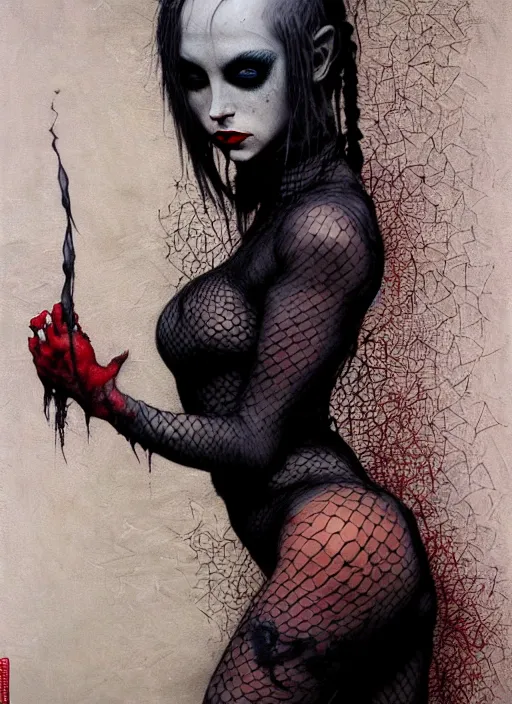 Prompt: cosplay goth female, fishnet, worksafe, light gray eyes, red lips, black hair, body fully covered with tattoos, fishnet clothes, beautiful detailed face, paint by frank frazetta and greg staples, gothic, gothic, rich deep colors. beksinski painting, part by adrian ghenie and gerhard richter. art by takato yamamoto. masterpiece