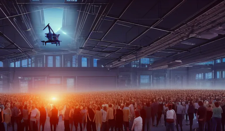 Image similar to crowd of people in simple warehouse, looking at hologram of futuristic city on a table, cinematic concept art, godrays, golden hour, natural sunlight, 4 k, clear details, tabletop model buildings, center model buildings, hologram center, crane shot, crane shot, crane shot