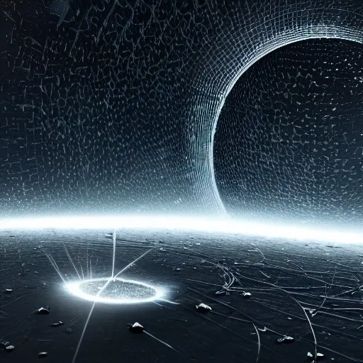 Image similar to a galactic disk - like vortex of metal debris from space stations and other space objects in black, starless space, view from afar, octane render, dark sci - fi movie scene