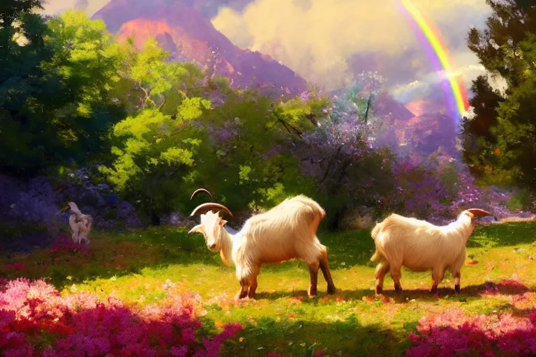 Image similar to goat surrounded by rainbows with his goat friend, marijuana trees, sakura trees, sakura season dynamic lighting, landscape, artwork by jeremy lipkin and giuseppe dangelico pino and michael garmash and rob rey and greg manchess and huang guangjian and makoto shinkai, pixiv, 1 0 0 mm