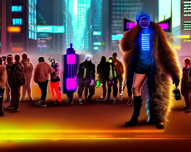 Image similar to high - resolution photograph from a cyberpunk era furry fandom convention ( midwest furfest 2 0 4 7 ), taking place after the genetic revolution and quantum singularity. photorealistic.