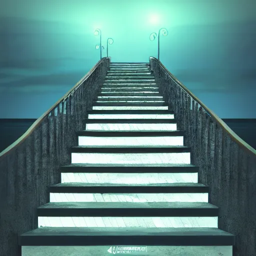 Image similar to stairs leading into the ocean at night, lit up by a single lamp post, dynamic lighting, photorealistic concept art, trending on art station, stunning visuals, creative, cinematic, ultra detailed