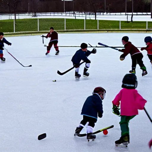 Prompt: a group of kids playing hockey in an outdoor rink