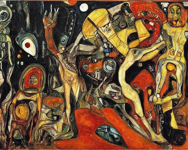 Image similar to a painting of a aliens and robots by graham sutherland, egon schiele, gustav klimt, guernica!, expressionism