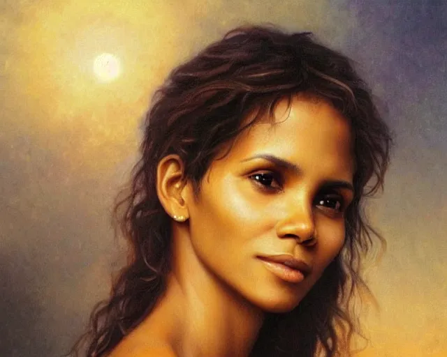 Image similar to beautiful glorious realistic oil painting of young halle berry, bokeh, baroque style by bouguereau, sunset, highly detailed and photorealistic, 8 k high detail and intricate