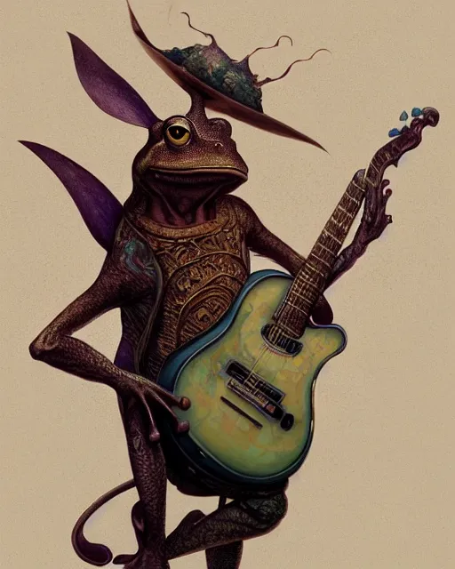 Prompt: anthropomorphic art of a frog with a guitar, medieval clothing by artgerm, victo ngai, ryohei hase, artstation, highly detailed digital painting, smooth, global illumination, fantasy art by greg rutkowsky, karl spitzweg