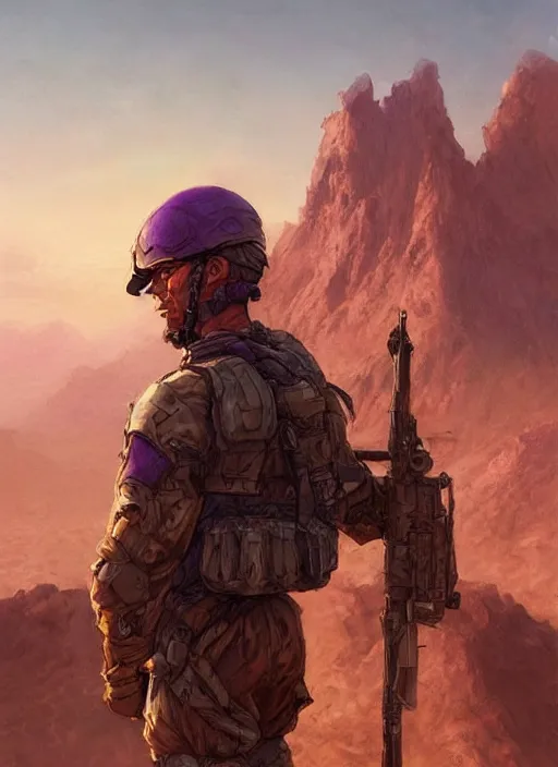 Image similar to purple lighting, detailed character concept illustration, strong muscular mature soldier in a soldier uniform, desert with city in the background, sharp focus, illustration, highly detailed, digital painting, concept art, matte, art by wlop and artgerm and greg rutkowski, masterpiece