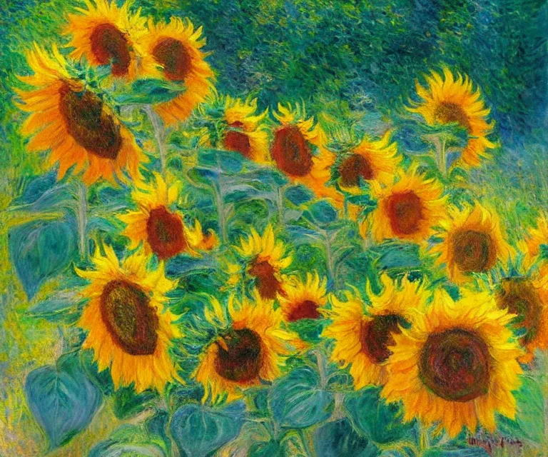 Image similar to sunflowers, monet, oil painting, bright colors, sunlight, happy, peaceful, serene, joy