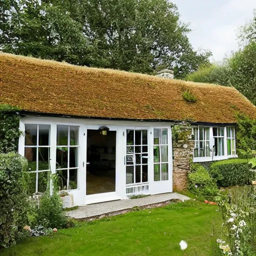 Prompt: a quaint cottage made from glass, surrounded by a beautiful English garden, set in the English countryside, landscape architecture photo