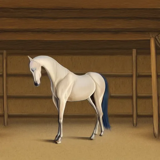 Image similar to digital painting of a majestic horse in a stable, diffused