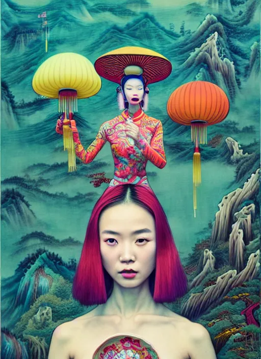 Prompt: pretty chinese model with hallucination mushroom : : by martine johanna and simon stalenhag and chie yoshii and casey weldon and wlop : : ornate, dynamic, particulate, rich colors, intricate, elegant, highly detailed, centered, vogue, fashion magazine, smooth, sharp focus, octane render, 8 k