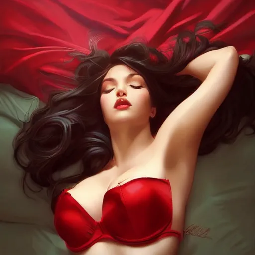 Prompt: ahri wearing red satin bra!!!, lying in bed!!!! attractive, casual, modern, victoria's secret, highly detailed, digital painting, artstation, concept art, smooth, sharp focus, illustration, art by artgerm, greg rutkowski and alphonse mucha
