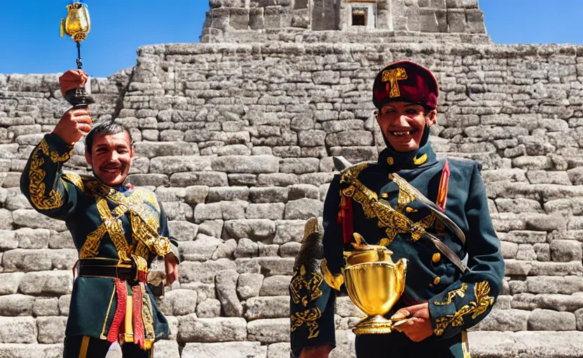 Prompt: smiling spanish conquer soldier holding golden cup on a inca temple