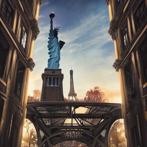 Image similar to Big city, The Statue of Liberty, Eiffel Tower, London Big Ben, photorealism, wide angle, concept art, cinematic atmosphere, elaborate, highly detailed, ornate, shiny, dramatic lighting, octane render, 4k, by Peter Kemp