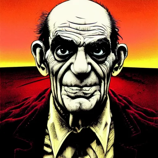 Image similar to full portrait of abe vigoda, disturbing horror zombie manga cover illustration by junji ito and joe fenton and syd mead and p. craig russell and barry windsor - smith, artstation, 4 k, graphic novel, concept art, matte painting, beautiful american rustic western landscape sunset background, golden hour, art nouveau