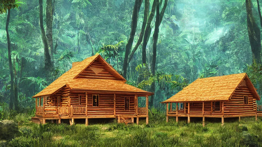 Image similar to golden log cabin in a vaporwave jungle, 4k, ultra realistic, award winning Photograph