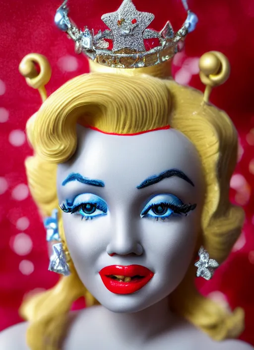 Prompt: closeup face profile portrait of tin toy marilyn monroe as a fairytale princess wearing a crown eating cakes, bikini, depth of field, zeiss lens, detailed, symmetrical, centered, fashion photoshoot, by nicoletta ceccoli, mark ryden, lostfish, breathtaking, 8 k resolution, extremely detailed, beautiful, establishing shot, artistic, hyperrealistic, octane render