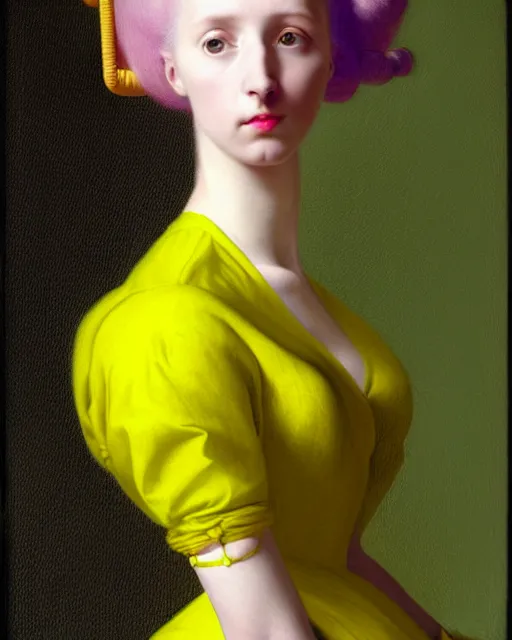 Prompt: photo-realistic portrait of a young pale woman with lilac hair buns, wearing a neon yellow dress by Vivienne Westwood, intricate details, cyberpunk, super-flat, in the style of Jean Auguste Dominique Ingres, black background