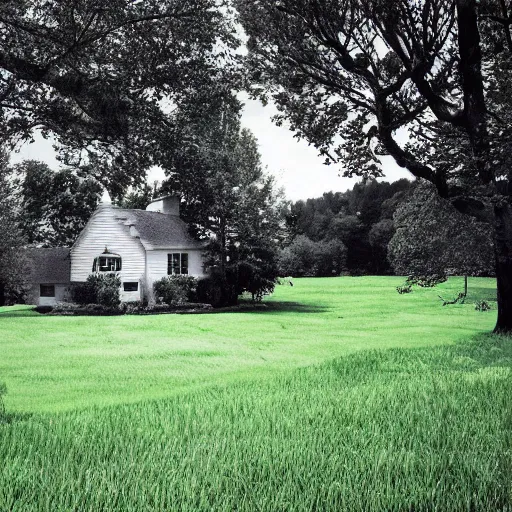 Prompt: A Photograph of a beautiful cottage, with a lush grass lawn, featuring a tree in the style of Ansel Adams